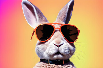 Wall Mural - Cool bunny with sunglasses on colorful background. Generative Ai