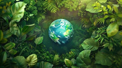 Poster - Happy Earth Day illustration background with green plants and round earth in the middle to celebrate April 22 world earth day