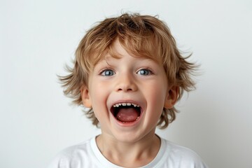 Poster - Happy exited cheering little kid with open mouth on white background. Portrait of smiling surprised boy