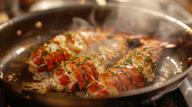 Lobster tails being in garlic butter in a hot skillet, with aromatic steam rising as the meat cooks to tender perfection.