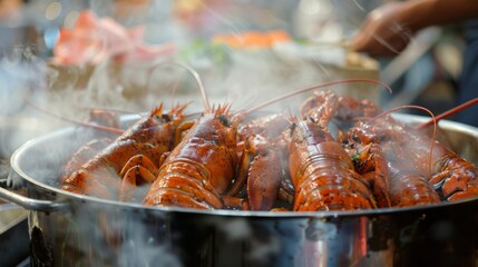 Wall Mural - Lobster tails being steamed in a large pot, with aromatic steam rising as the crustaceans cook to tender perfection.