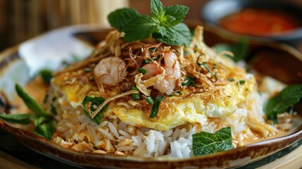 Wall Mural - A beautifully presented dish of with shrimp paste rice, sliced omelet, fresh herbs, and crispy shallots.