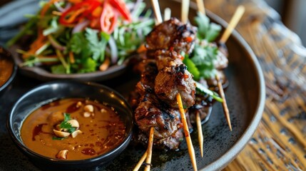 Wall Mural - A beautifully presented dish of moo satay skewers, served with a rich peanut dipping sauce.