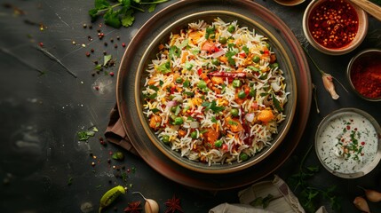 Aromatic Indian vegetable biryani served with raita and chutneys.  A delicious and flavorful vegetarian dish.  Perfect for a special meal.