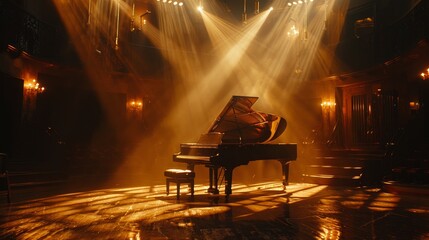 A grand piano sits center stage bathed in warm spotlights, ready for a performance.  The dark background and dramatic lighting create a sense of anticipation and elegance.