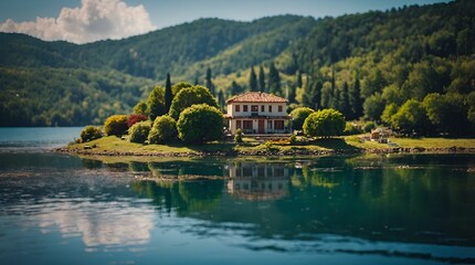 Poster - AI generated illustration of a small house perched on a tiny island in the center of a serene lake