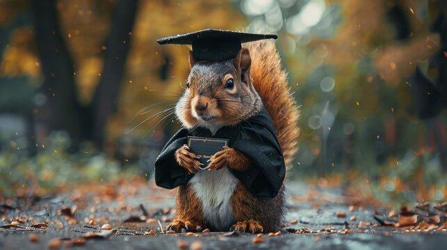 A cute squirrel in a graduation cap and gown holds a diploma in a forest setting.