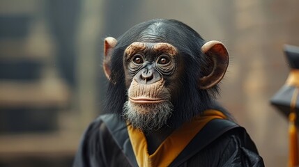 A curious chimpanzee in a graduation gown looks intently at something off-camera.
