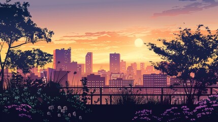 Wall Mural - A city skyline with a sunset in the background
