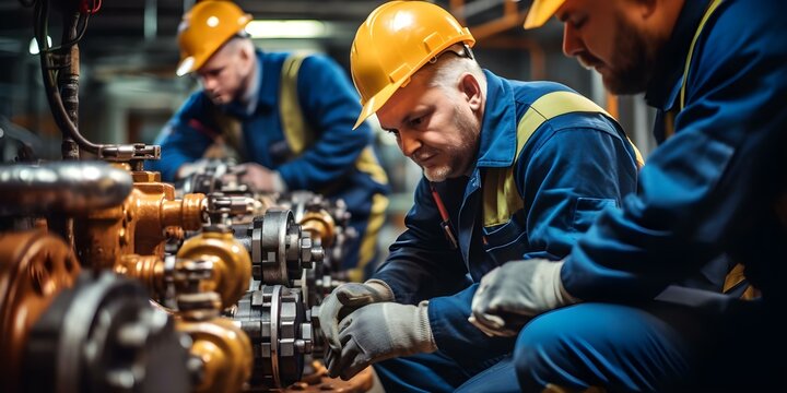 Maintenance team inspects and repairs equipment in oil and gas refineries. Concept Maintenance, Equipment Inspection, Repairs, Oil Refinery, Gas Refinery