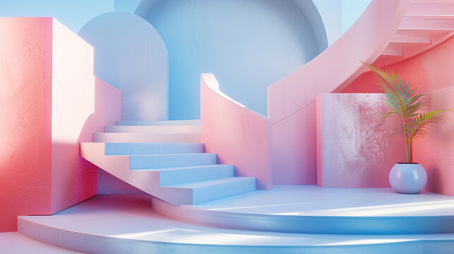3D illustration of a modern, pastel stairway and geometric shapes, set against a clean blue backdrop
