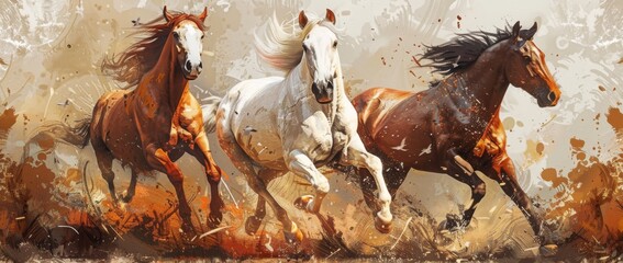 a painting of three horses of different colors running down the road, beautiful backdrop