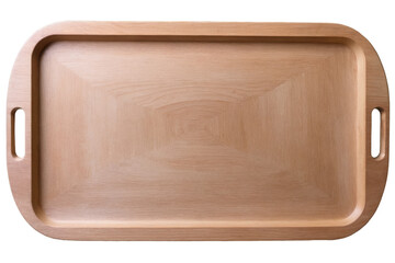 a simple wooden serving tray with smooth finish and handles isolated on a white background as a png 