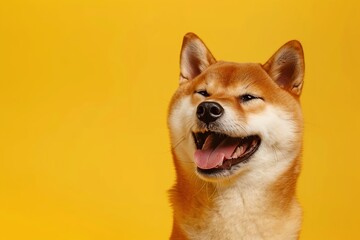 Canvas Print - Happy smiling shiba inu dog isolated on yellow orange background with copy space. Red-haired Japanese dog smile portrait