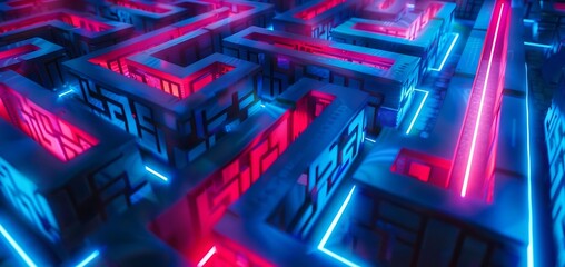 Wall Mural - Bright blue and red neon Creates a maze