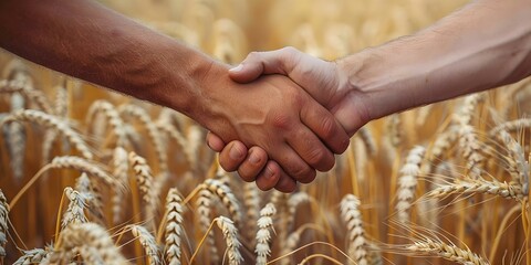 Two farmers shake hands in a wheat field after a successful harvest. Concept Farmers, Agriculture, Harvest, Collaboration, Success