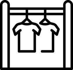 Sticker - Minimalist black and white outline vector symbol of tshirts hanging on a clothing rack icon for fashion apparel and wardrobe display in a clean and organized store setting