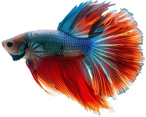 Betta fish with flowing fins, dramatic red and blue colors isolated on white, perfect for exotic pet advertisements and art projects