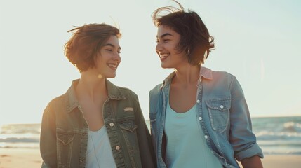 Love, ocean, and joyful lesbian couple walking, holding hands, and sunset vacation. Lgbt women bonding on beach holiday with romantic date, pride and grin on nature travel