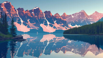 Wall Mural - vector illustration, moraine lake in summer, canada, during sunrise. Must-see touristic spot in nature in Banff National Park, Alberta, Canada. Wonderful nature scenery during early morning. Wonderful