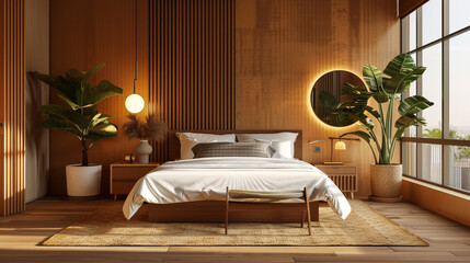Wall Mural - Geometric, brass light fixtures casting a warm glow over a mid-century modern bedroom with natural wood accents. 