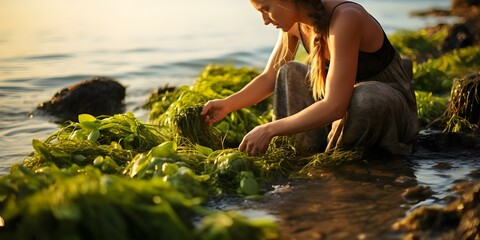 Wall Mural - Sustainably Harvesting Nutritious Green Algae from the Seashore. Concept Nutritious Algae, Seashore Harvesting, Sustainable Practices, Ocean Superfood, Green Algae Benefits