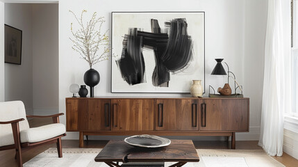 Wall Mural - A minimalist black and white abstract painting hangs above a sleek walnut credenza showcasing a collection of mid-century modern design objects. 