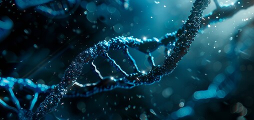 Explore the essence of life with a real photo featuring a cyan DNA strand, its intricate structure illuminated against a dark background, symbolizing the blueprint of existence and the marvels of gene