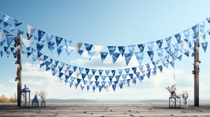 Wall Mural - Blue and white bunting flags hanging against a blue sky, decorated with lanterns and flowers.