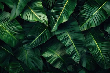 Lush green tropical foliage background featuring vibrant banana leaves with deep green hues and intricate vein patterns, perfect for nature themes.