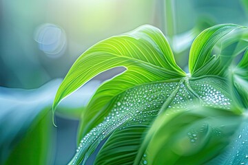 Poster - Close-up of vibrant green leaves with water droplets highlighting nature's freshness and beauty. Perfect for backgrounds and eco-themed designs.