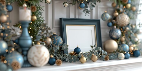 Poster - Black frame leaning on white shelve in bright interior with plants and decorations mockup 