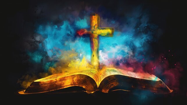 watercolor open Holy Bible with christian cross with colorful smoke cloud, on black wooden background for overlay