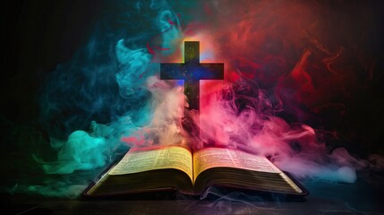 Poster - open Holy Bible with christian cross with colorful smoke cloud, on black wooden background for overlay