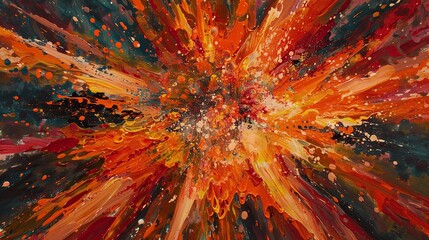 Wall Mural - I imagine a vibrant abstract background with red and yellow hues, featuring a dynamic and psychedelic pattern reminiscent of a fiery explosion in space, with elements of stars and flowers