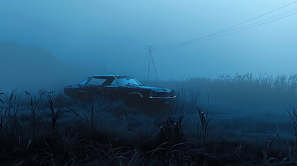 a car with misty morning landscape