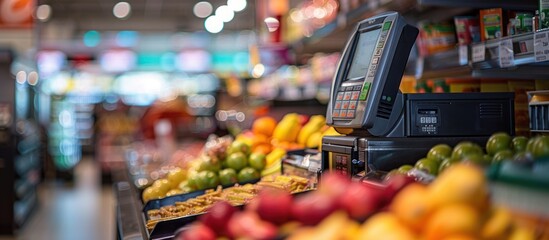 A POS machine at Woolworths Supermarket's self-serve checkout area with blur bokeh backgroun