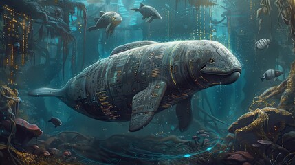 Wall Mural - A Dugong exploring a database of ancient knowledge