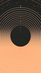 Wall Mural - An abstract design with concentric circles in black and orange on a beige background, featuring a smooth and modern minimalist style.