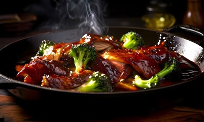 Wall Mural - Crispy spicy duck caramelized skin glistening under direct light, AI Generated