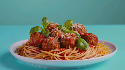 Wall Mural - Spaghetti with Tomato Sauce and Basil on Plate