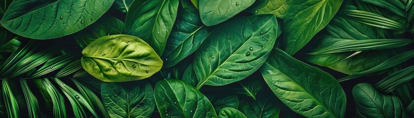 Wall Mural - A lush collection of various green tropical leaves creating a vibrant, natural background. Perfect for nature-related themes or serene designs.