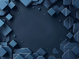 Wall Mural - A dark blue abstract frame background with layered geometric shapes, featuring 3D cubes and a minimalist, modern design.