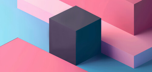 Poster - A vibrant abstract background with geometric cubes and shapes in pink and blue, creating a modern, minimalist, and playful design.