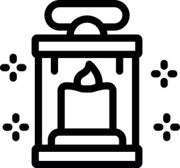 Poster - Black line art illustration of a lantern containing a flickering candle, emitting light