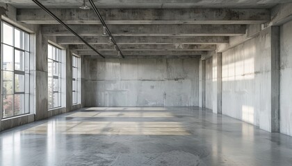 Spacious empty industrial loft with large windows, concrete walls, and exposed ceiling, offering abundant natural light and versatile usage.