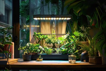 Sticker - Indoor garden kit with LED light illuminating lush plants in a cozy home environment