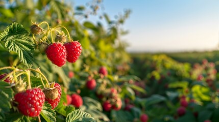 Canvas Print - a field with ripe raspberries image