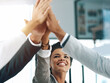 © peopleimages.com - Woman, hands and diversity for success in high five for business or project as lawyer in corporate. Teamwork, celebration and workplace with happy, winning or collaboration in career as professional