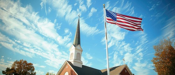 Patriotic Pride: American Flag Soaring Over Church on Independence Day